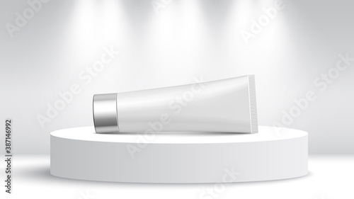 White tube on exhibition stand. Round podium. Pedestal. Vector illustration.
