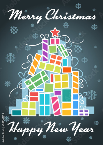 Christmas Gift Boxes, Christmas Tree Winter Holidays Greeting Card