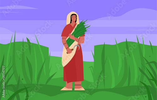 Indian farmer a woman dressed in traditional national dress sari and holding a sickle in her hand is engaged in agriculture. Vector flat illustration.