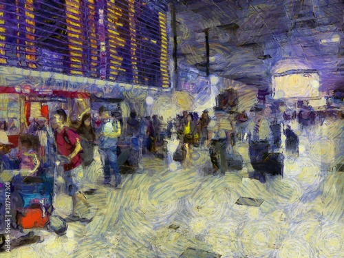 Passengers in the airport Illustrations creates an impressionist style of painting. © Kittipong