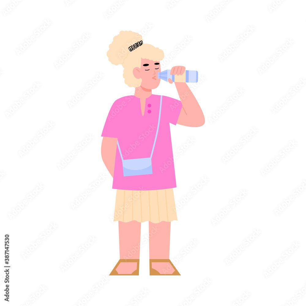 Cartoon character of woman drinking water from bottle, flat vector illustration isolated on white background. Image for water distribution services and product packaging. Cartoon character of woman drinking water from bottle, flat vector illustration isolated on white background. Image for water distribution services and product packaging.