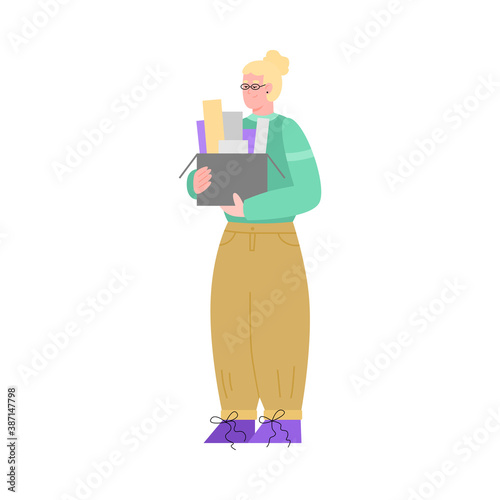 Female office worker or printing house employee holds box of documents, color or paper samples. Industrial print production or advertising agency. Vector isolated illustration