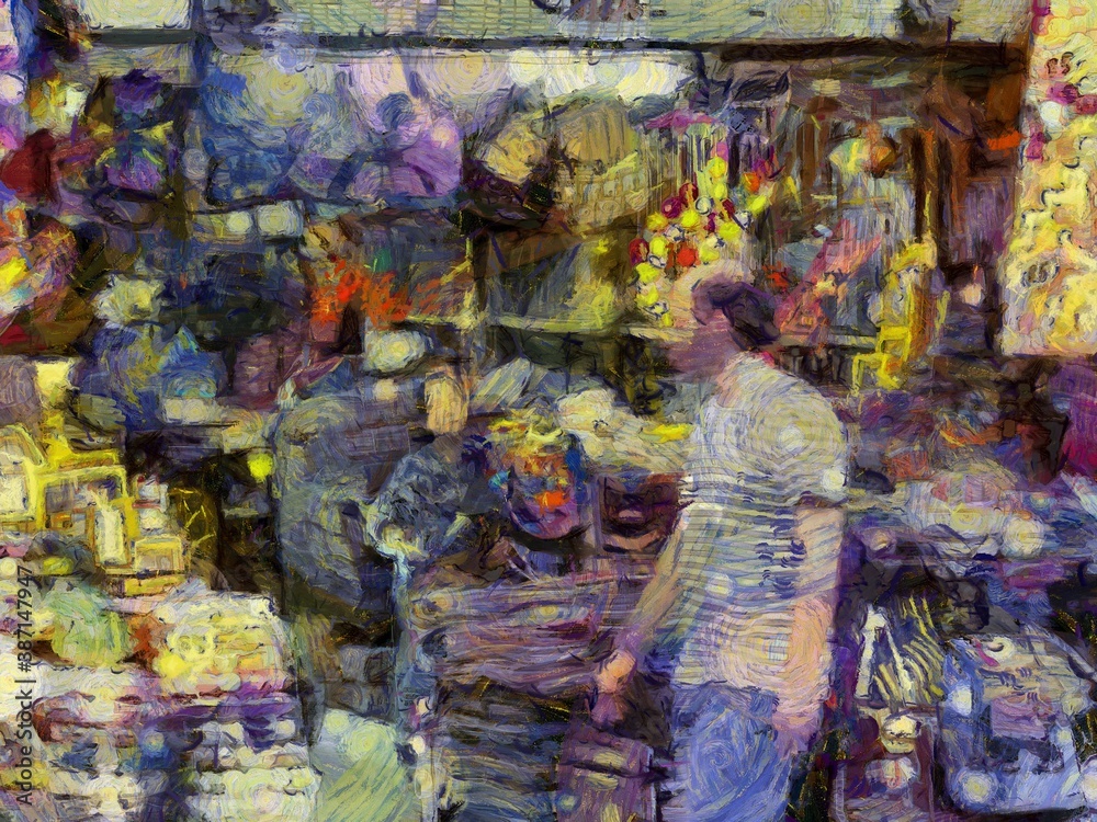 Fabric stores in the markets of Bangkok Illustrations creates an impressionist style of painting.