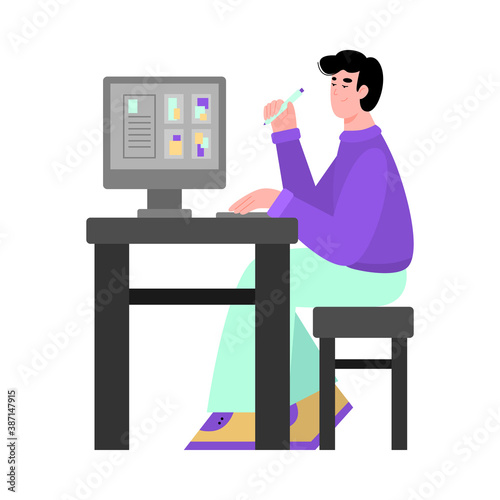 Designer working in printing house, publishing, advertising agency. Creative character creates art digital layouts for printing. Workplace for design or prepress. Vector illustration