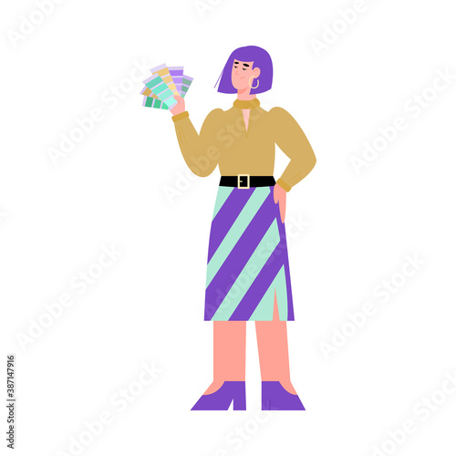 Female designer printing house employee holds color guide Pantone. Industrial print production or advertising agency. Vector isolated illustration.