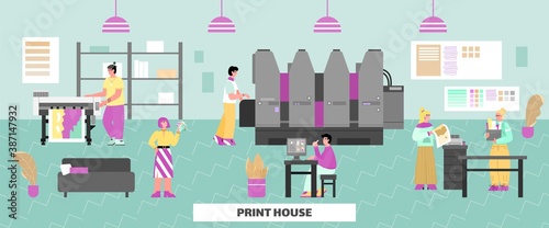 Interior of printing house or advertising agency. Technology of industrial print production with inkjet, digital, offset printers. Office with machines, workers and designers