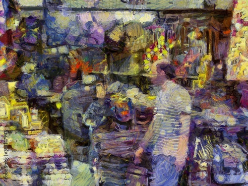 Fabric stores in the markets of Bangkok Illustrations creates an impressionist style of painting.