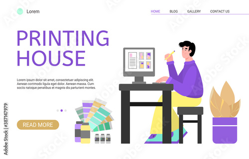 Creative designer working in printing house, publishing or advertising agency creates art digital layouts for printing. Vector illustration. Landing page template.