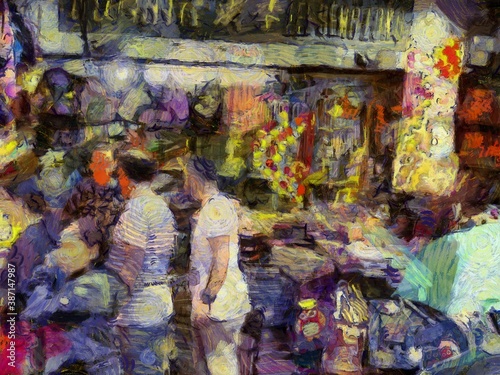Fabric stores in the markets of Bangkok Illustrations creates an impressionist style of painting. © Kittipong