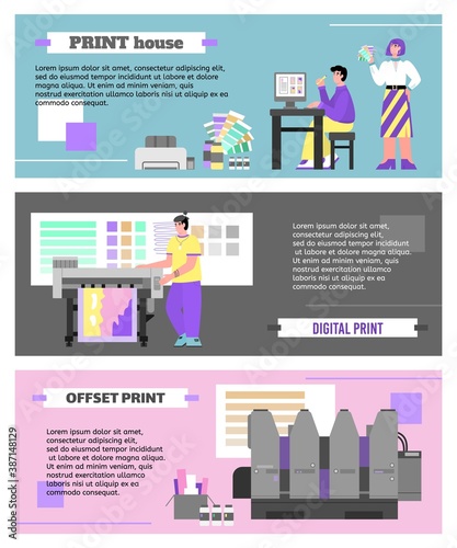 Print house or offset printing service banners or flyers set with people publishing print materials on modern digital professional equipment, flat vector illustration.
