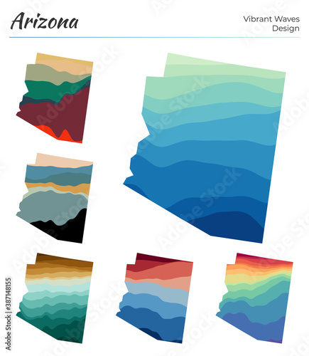 Set of vector maps of Arizona. Vibrant waves design. Bright map of US state in geometric smooth curves style. Multicolored Arizona map for your design. Classy vector illustration.