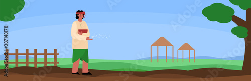 Indian male farmer works in field. Man throwing seeds into the ground. Traditional agriculture in India. Vector flat illustration. Horizontal banner.