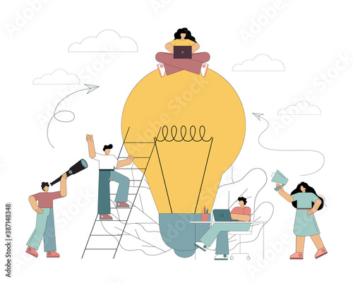 Teamwork concept, flat people surrounded a big light bulb in search of ideas, group problem solving. Vector isolated illustration on white background.
