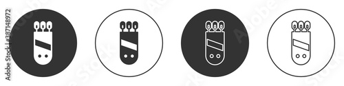 Black Quiver with arrows icon isolated on white background. Circle button. Vector.