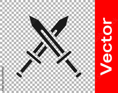 Black Crossed medieval sword icon isolated on transparent background. Medieval weapon. Vector.