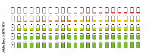 Battery accumulator set, more 100 icon in flat style. Vector sign battery level on smartphone