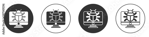 Black System bug on monitor icon isolated on white background. Code bug concept. Bug in the system. Bug searching. Circle button. Vector.