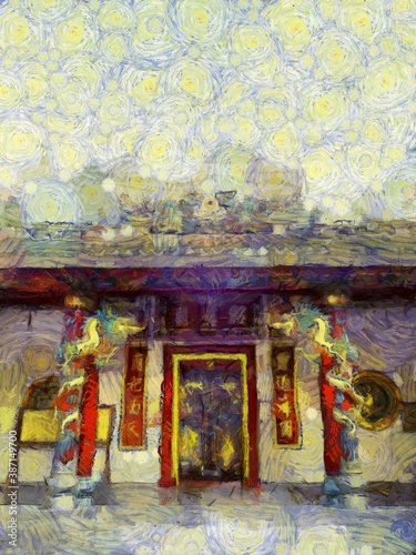 Chinese shrine Illustrations creates an impressionist style of painting.