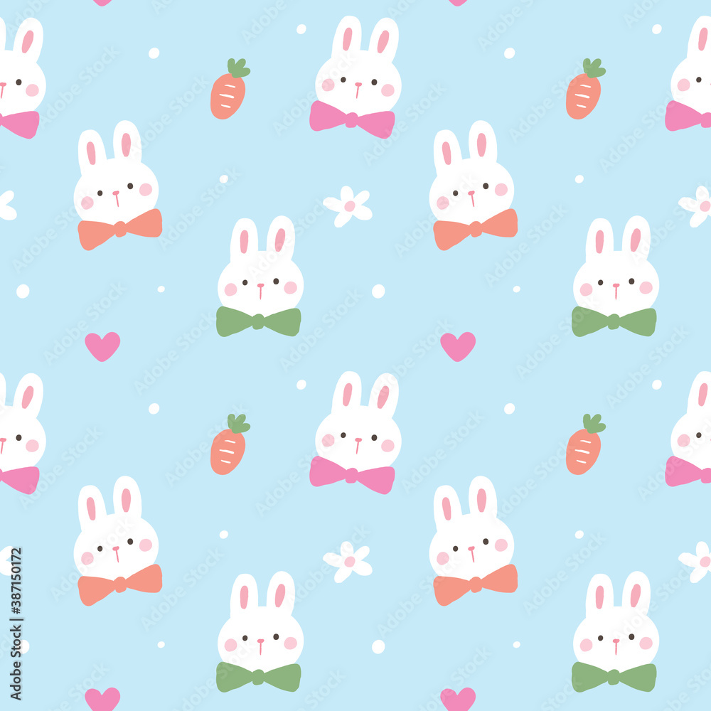 Seamless Pattern with Cartoon Rabbit Face Design on Light Blue Background