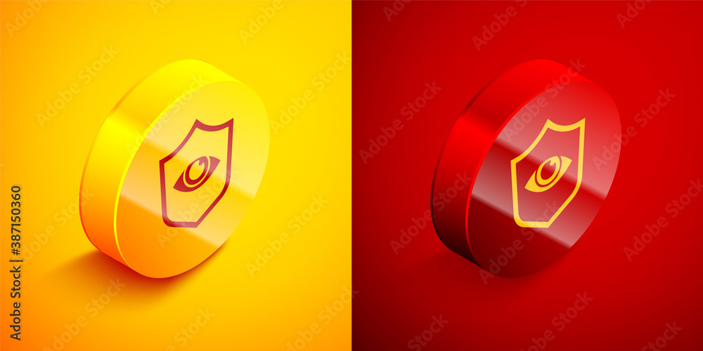 Isometric Shield and eye icon isolated on orange and red background. Security, safety, protection, privacy concept. Circle button. Vector. Isometric Shield and eye icon isolated on orange and red background. Security, safety, protection, privacy concept. Circle button. Vector.