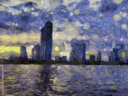 Landscape of Bangkok city along the Chao Phraya River Illustrations creates an impressionist style of painting.