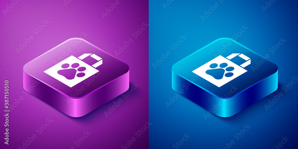 Isometric Shopping bag pet icon isolated on blue and purple background. Pet shop online. Animal clinic. Square button. Vector. Isometric Shopping bag pet icon isolated on blue and purple background. Pet shop online. Animal clinic. Square button. Vector.