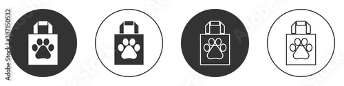 Black Shopping bag pet icon isolated on white background. Pet shop online. Animal clinic. Circle button. Vector.