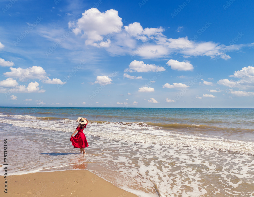 Seascape with beautiful sky. Woman on the beach, summertime. Young happy woman walking on the seaside in a red dress and straw hat. View from above