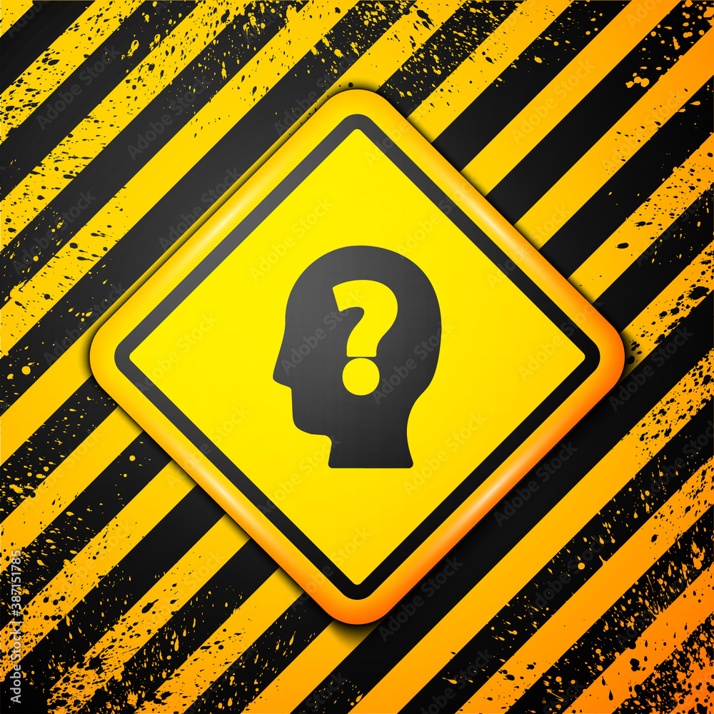 Black Human head with question mark icon isolated on yellow background. Warning sign. Vector. Black Human head with question mark icon isolated on yellow background. Warning sign. Vector.