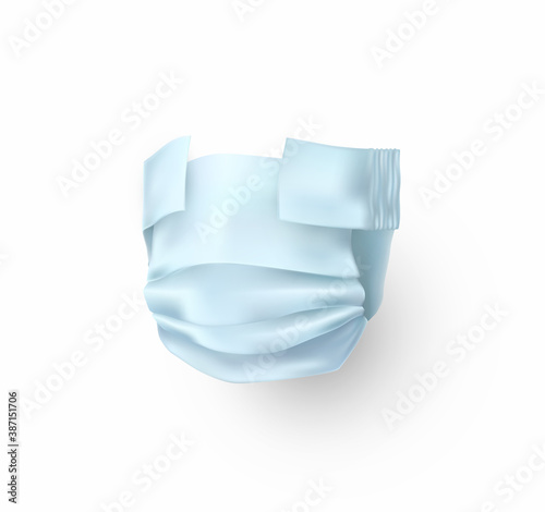 Diaper isolated on white background. Realistic 3d light blue nappy icon. Vector baby hygiene sanitary product template
