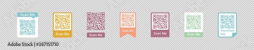 Qr code frame vector set. Scan me phone tag. Qr code mock up, mockup. Barcode smartphone id icon. Cellphone qrcode banner. Mobile payment and identity white background.