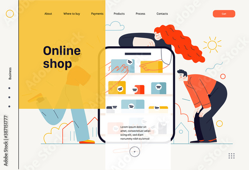 Business topics -online shopping, web template, header. Flat style modern outlined vector concept illustration. Tablet, shop shelves, boxes. People taking and looking at the goods. Business metaphor