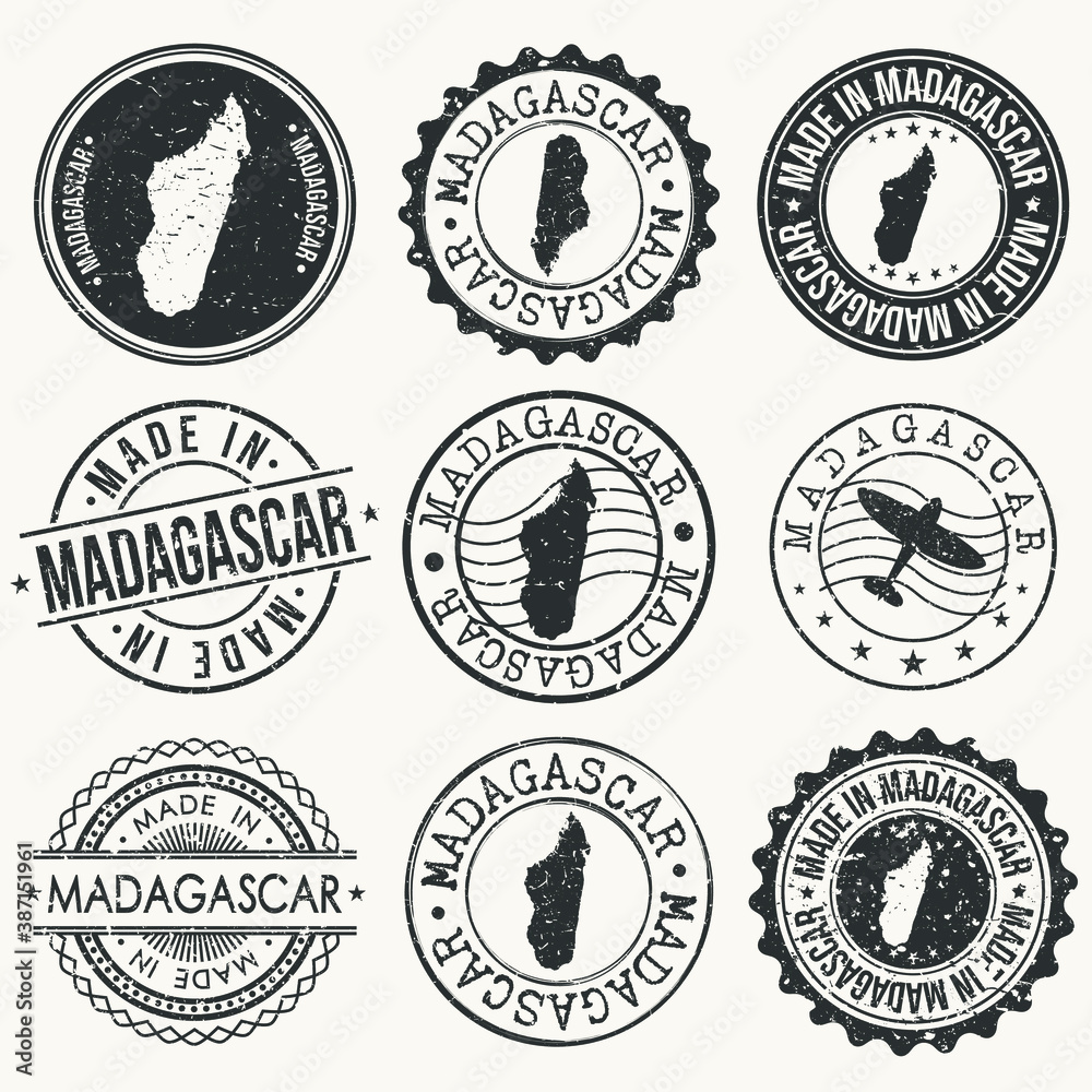 Madagascar Set of Stamps. Travel Stamp. Made In Product. Design Seals Old Style Insignia.