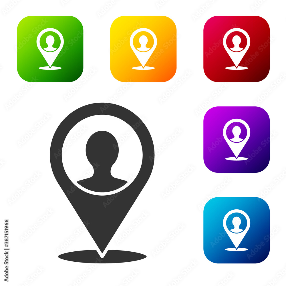Black Map marker with a silhouette of a person icon isolated on white background. GPS location symbol. Set icons in color square buttons. Vector. Black Map marker with a silhouette of a person icon isolated on white background. GPS location symbol. Set icons in color square buttons. Vector.