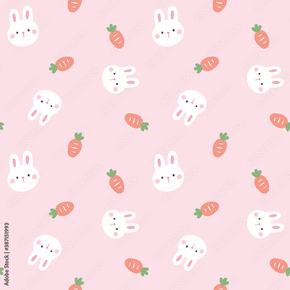 Seamless Pattern with Cartoon Rabbit Face and Carrot Design on Light Pink Background