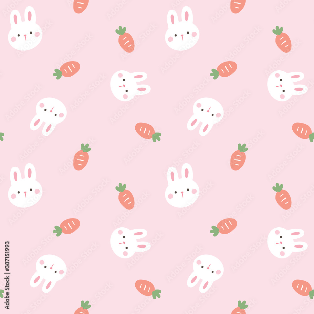 Fototapeta premium Seamless Pattern with Cartoon Rabbit Face and Carrot Design on Light Pink Background
