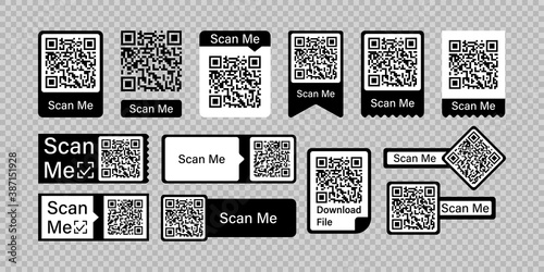 Qr code frame vector set. Scan me phone tag. Qr code mock up, mockup. Barcode smartphone id icon. Cellphone qrcode banner. Mobile payment and identity white background.