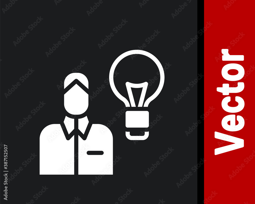 White Human with lamp bulb icon isolated on black background. Concept of idea. Vector. White Human with lamp bulb icon isolated on black background. Concept of idea. Vector.