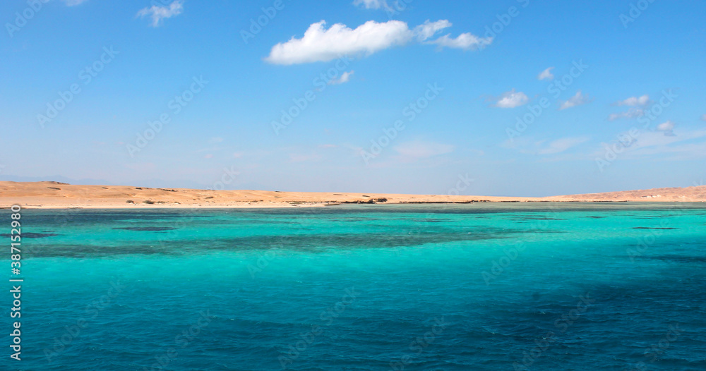 Beach sea sand and sky. Landscape view of beach sea in summer day. Beach space area