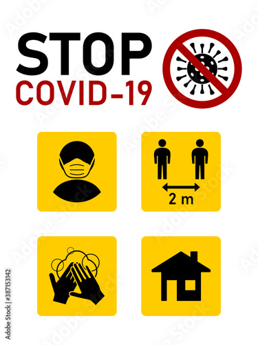 Stop Covid-19 Coronavirus Instruction Icon Set including Wear a Face Mask or Face Covering, Keep Your Distance 2 m or 2 Metres, Wash Your Hands and Stay at Home. Vector Image.