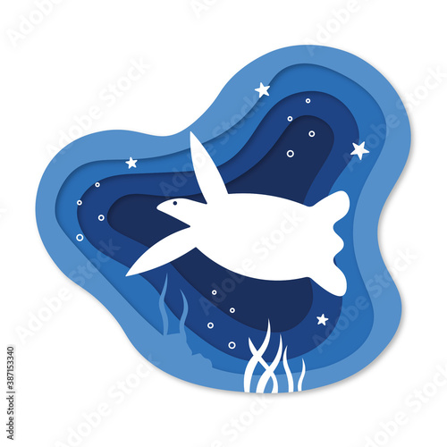 underwater paper cut ocean bottom with sea animals turtle, star and rock paper layered cave background