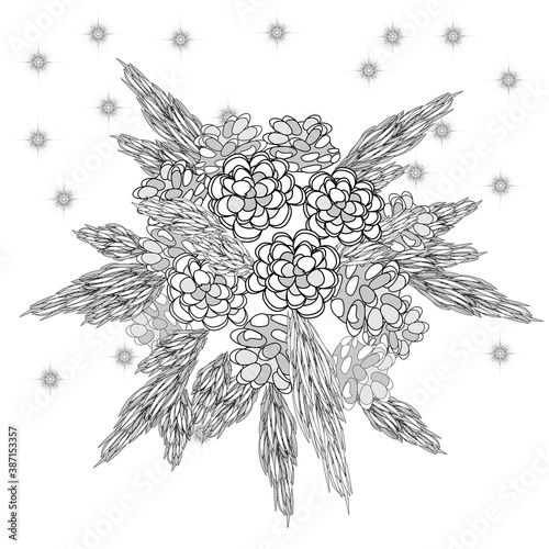 Coloring of greeting card for the new year with fir branches and fir cone
