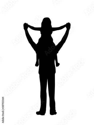 Silhouette father standing with daughte on shoulders from back