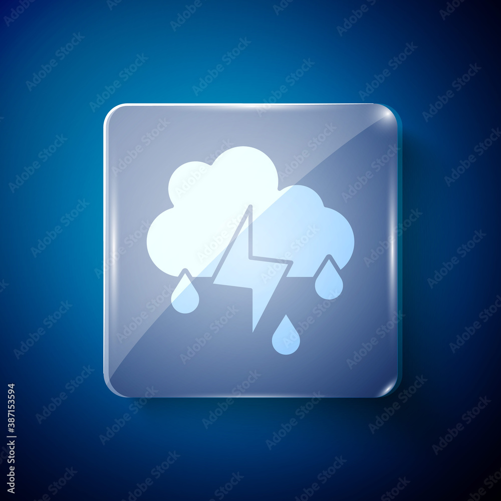 White Cloud with rain and lightning icon isolated on blue background. Rain cloud precipitation with rain drops.Weather icon of storm. Square glass panels. Vector. White Cloud with rain and lightning icon isolated on blue background. Rain cloud precipitation with rain drops.Weather icon of storm. Square glass panels. Vector.