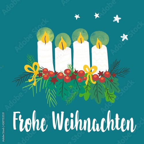 Merry Christmas circular Advent wreath with bows and berries and pine branches. German holiday tradition
