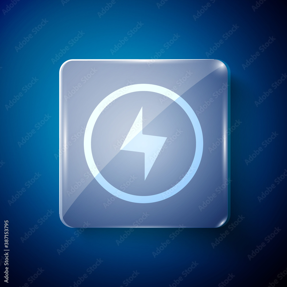 White Lightning bolt icon isolated on blue background. Flash sign. Charge flash icon. Thunder bolt. Lighting strike. Square glass panels. Vector. White Lightning bolt icon isolated on blue background. Flash sign. Charge flash icon. Thunder bolt. Lighting strike. Square glass panels. Vector.
