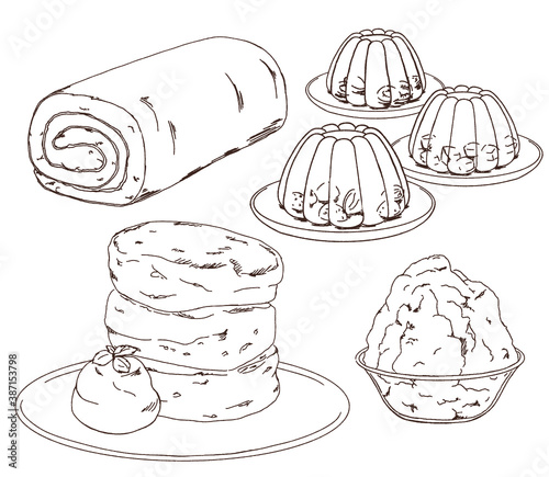 Doodle of dessert, roll cake, jelly, fluffy pancake, shaved ice