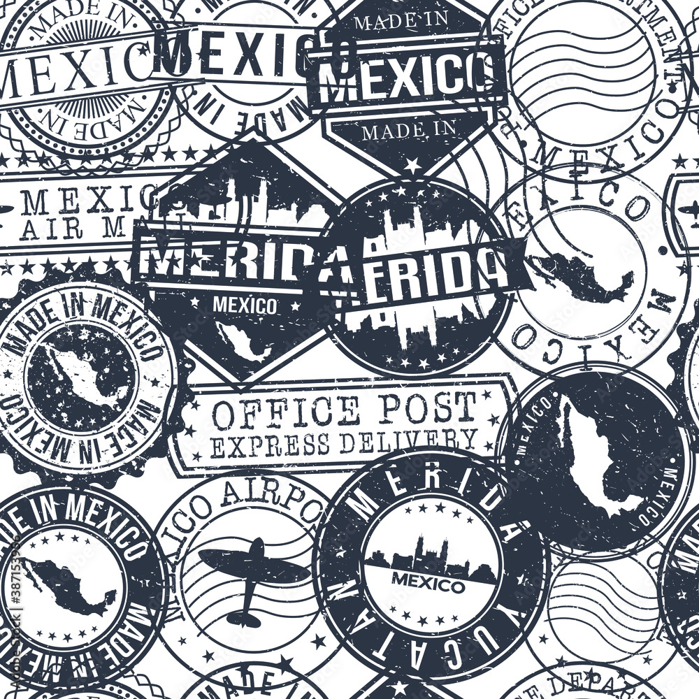 Fototapeta premium Merida Mexico Stamps Background. City Stamp Vector Art. Postal Passport Travel. Design Set Pattern.