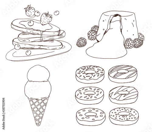 Doodle of dessert, pancake, lava cake, ice cream, donut