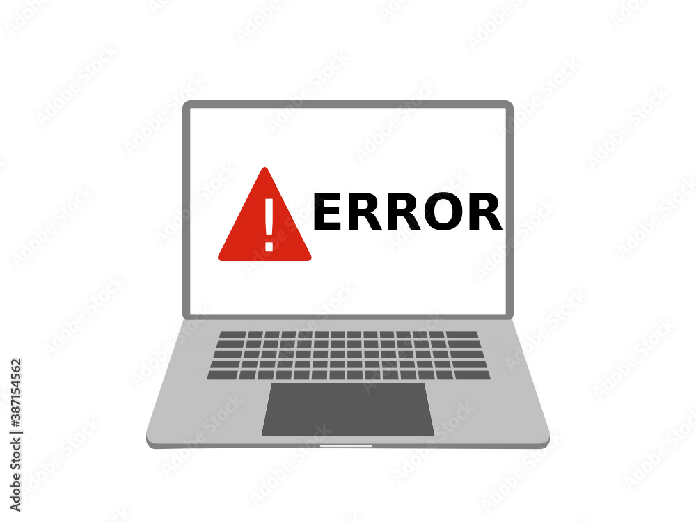 Error warning sign on the screen of a computer device. Open laptop symbol on a white background. Error warning sign on the screen of a computer device. Open laptop symbol on a white background.